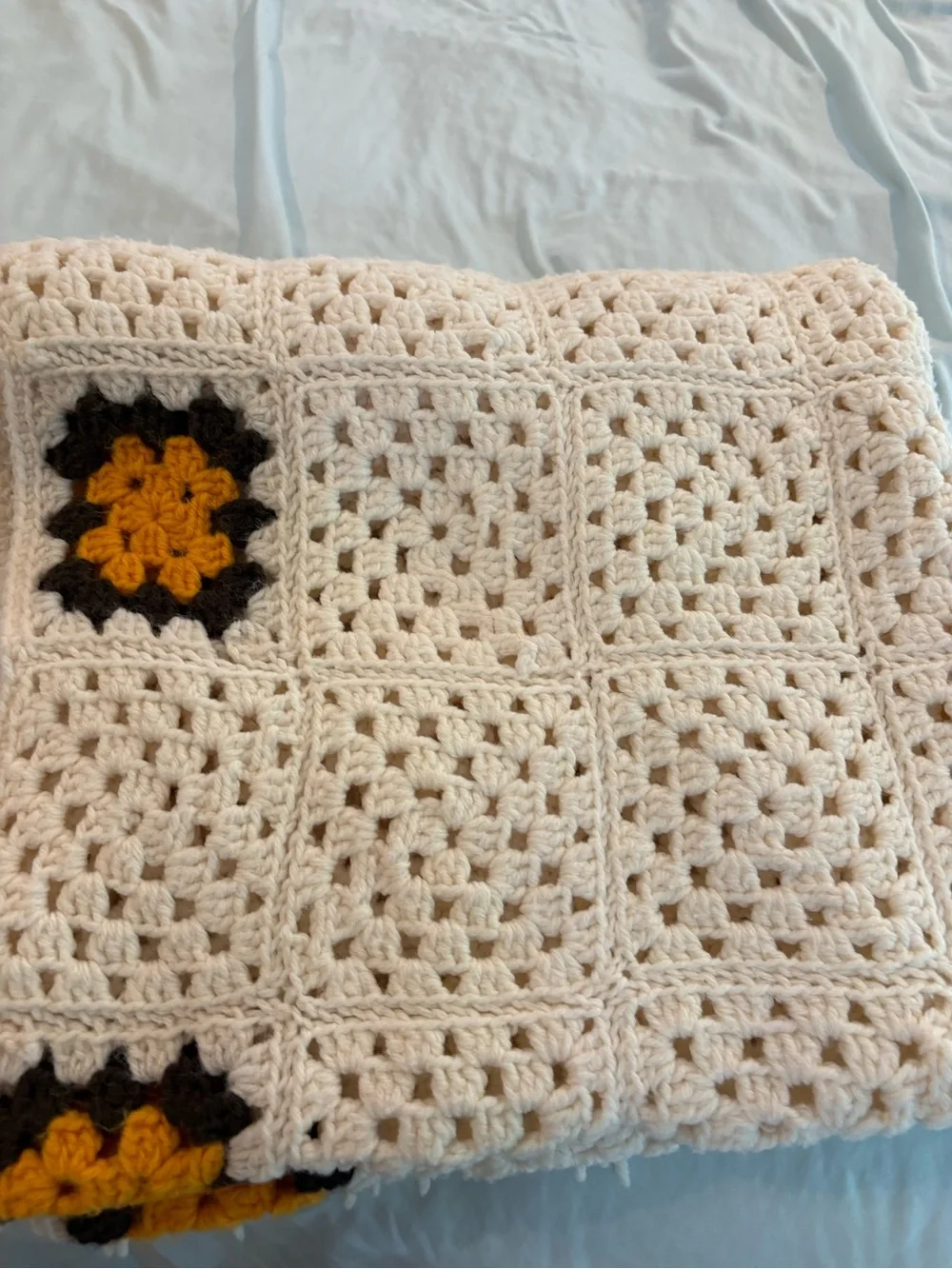 Handmade Crochet Granny Square Throw Blanket Cream Mustard Brown Fringe 32x55